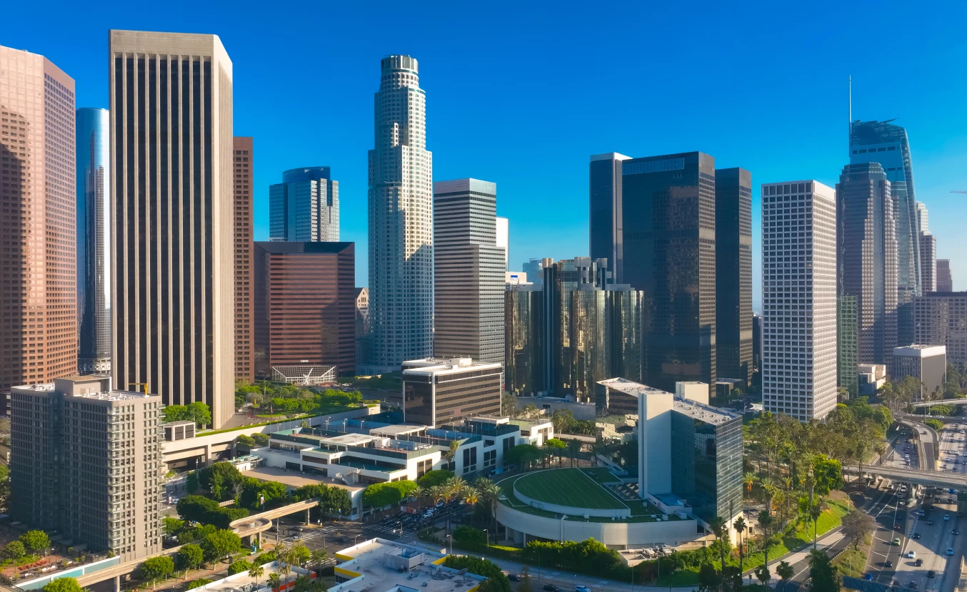 Los Angeles downtown skyline under clear sky.